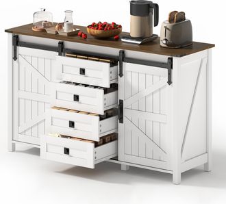 STILVORA Aparador De Cocina Con 2 Puertas Correderas Y 4 Cajones, Para Cocina Y Comedor, En Mdf, Blanco, 137&times;40&times;81.5 Cm