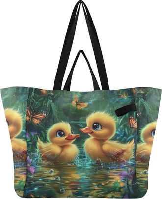 Generic Butterfly Duck Yellow print Reusable Canvas Tote Bag, Heavy Duty Grocery Shopping Bag with Double Handles Large Capacity Hard Bottom Work Groceries Tr