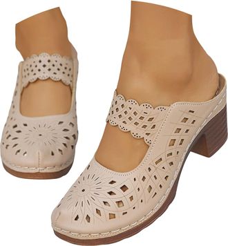 Generic Women Closed Round Toe Floral Cut Out Backless Platform Mules Chunky Super High Heel Slip on Stylish Dress Club Slide Sandals Retro Slip On Comfort Mu