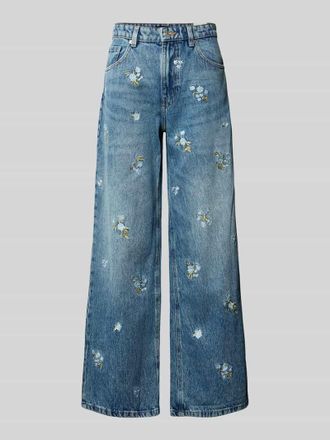 Mango Wide Fit Jeans mit floralem Allover-Stitching Modell BEVERLY in Jeansblau, Gr&ouml;&szlig;e 36