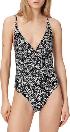AllSaints Saph V-Neck One-Piece Swimsuit in Santas Black/white at Nordstrom, Size 2