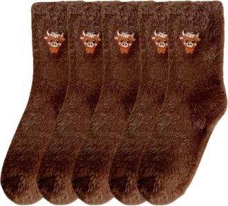 Generic Highland Cow Slipper Socks for Women - Cozy, Fuzzy, Thick Winter Bed Socks | Cute Holid Present (5pcs*Dark brown)