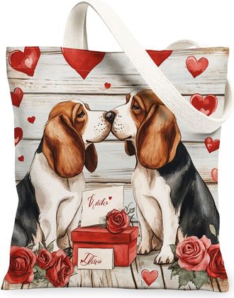 Generic Valentines Day Basset Hound Dog Canvas Tote Bag for Shopping 13x15, Rustic Couple Puppy Reusable Grocery Print Pattern Bag for Women, Pet Beach Aesthe