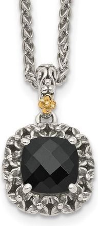 Diamond2Deal Sterling Silver with 14K Accent Checkerboard-cut Black Onyx Pendant Necklace