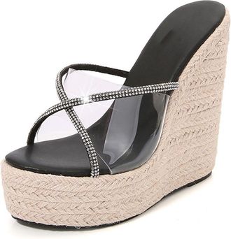 Generic Black,3.5 UK,Womens Wedge Slippers Peep Open Toe High Platform Heels Rhinestone Cross Straps Sandals Slingback Slip-on Mules Dress Shoes