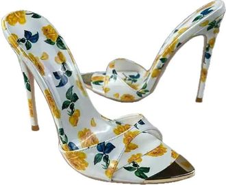 Generic Yellow,5.5 UK,Womens Printed Pumps Pointed Open Toe Stiletto High Heels Slip On Backless Slides Summer Formal Wedding Party Dress Sandals Shoes