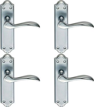 Loops 4x PAIR Curved Door Handle Lever on Latch Backplate 180 x 45mm Satin Chrome