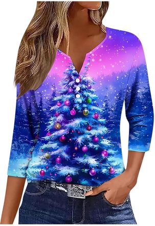 Generic Womens Christmas Tops Button Up 3/4 Sleeve Xmas Tree Snowflake Printed T-shirt V Neck Xmas Shirts Funny Santa Claus Christmas T Shirts Casual Pullover