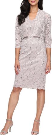 S.L. Fashions Sequin Stretch Lace Sheath Sleeveless Dress with Jacket in Buff at Nordstrom, Size 14
