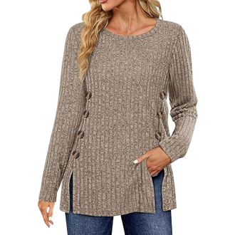 Generic Womens Jumpers Long Sleeve Knitted Sweater Symmetrical Button Down Collar Slimming Lightweight Sweatshirt Ladies Splits Tunic Crew Neck Pullover Jumpe
