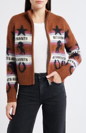 AllSaints Epona Stripe Crop Jacquard Sweater in Cognac Brown at Nordstrom, Size X-Small