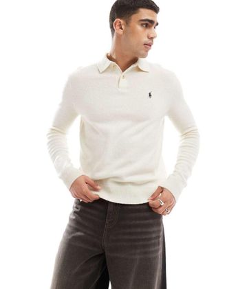 Polo Ralph Lauren Icon - Polo a maniche lunghe color panna in maglia di lana e cotone con logo-Bianco