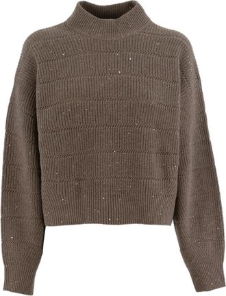 Brunello Cucinelli Paillet Turtleneck Top - Dames - Coltruien - Bruin - M - Pailletten - Truien & Vesten