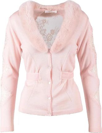 Blumarine Viscose/Polyester Cardigan with Fur Details - Pink