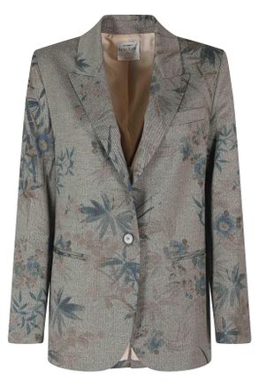 Forte_Forte Gray Blue Yellow Chevron Floral Leaf Print Polyester-Blend Blazer