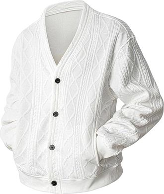 Generic Mens Cable Knit Cardigan Men V Neck Long Sleeve Knit Cardigan Sweater White 6XL
