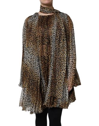 Dolce & Gabbana Womens Brown Leopard Print Scarf Collared Chiffon Dress Polyester