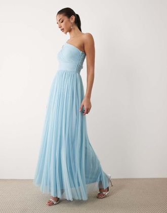 Lace & Beads Vestito lungo da damigella monospalla in tulle blu tenue con vita aderente-Arancione