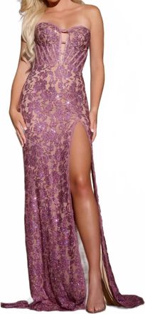 Jovani Strapless Sequin Gown With Lace Details In Lavender