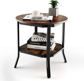 Costway Costway - Mesa De Centro Redonda Industrial, 2 Niveles Con Estante Abierto Y Patas De Acero, Mesa De Sof&aacute; Multiusos Con Amplio Mesa Auxiliar Para Sal&oacute;