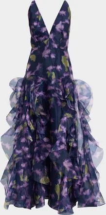 Bcbgmaxazria Low-Back Deep V-Neck Organza Gown
