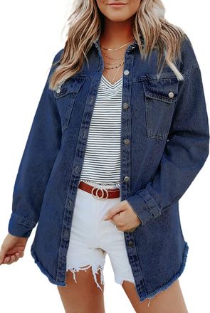 Dokotoo Denim Jackets for Women Long Sleeve Shirts Button Down Womens Coats Distressed Ladies Jeansjacke Single-Breasted Oversized Womens Shacket Jean Jacket 