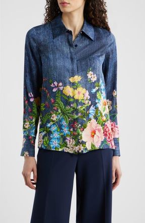 Elie Tahari The Johanna Garden Denim Silk Blend Shirt in Denim Garden Print at Nordstrom, Size X-Small