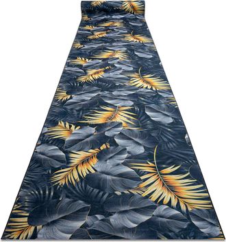 RugsX Passatoia Gommata Lotus Ferns 45270 Foglie Grigio / Oro Lavabile 120cm Grey 120x300 Cm