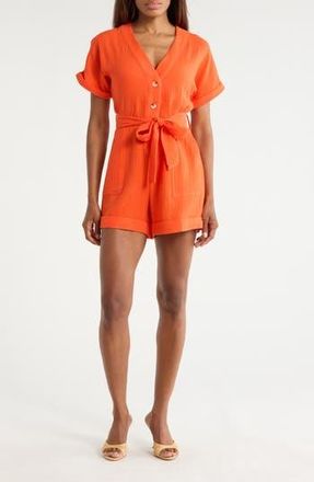 FRNCH Lika Tie Waist Cotton Romper in Orange at Nordstrom Rack, Size X-Small
