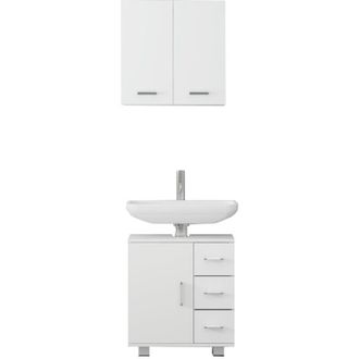 ML Design Ml-design Conjunto De 2x Piezas De Ba&ntilde;o Armario Colgante Con 2 Estantes Interiores Mueble Bajo Con Cajones Para Lavabo Madera Mdf Blanca Estilo Modern
