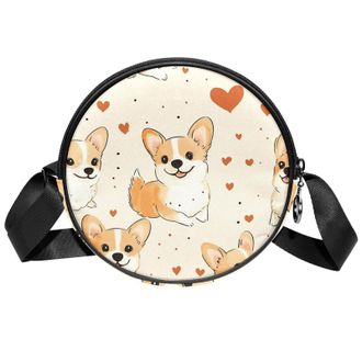 Generic Circle Crossbody Bag for Women, Corgi Dogs Heart Small Sling Bag Daypack with Zipper Adjustable Shoulder Straps Casual Ladies Girls Round Purse