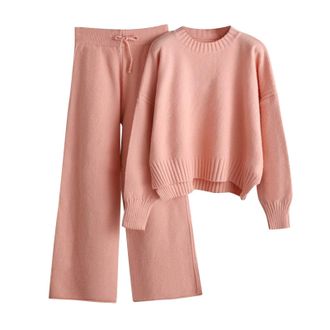 Generic Womens 2 Piece Outfits Autumn and Winter Casual Loose High Collar Knitting Suit Sweater Jumper Long Pants Set Wide Leg Pants Sweater Set Fall Winter S