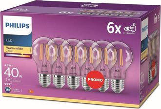Philips Led Lampadina a Filamento, 6 pz, 40W, attacco E27, Luce Bianca Calda, Non Dimmerabile - Philips