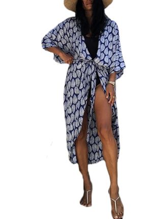 Bsubseach Sexy kanten gehaakt badpak met open voorkan voor het strand, lange kimonocover-up, F-zwart, One size