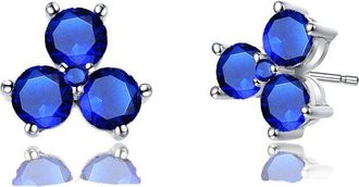 Rachel Glauber White Gold Plated with Sapphire Blue Cubic Zirconia Three Stone Stud Earrings
