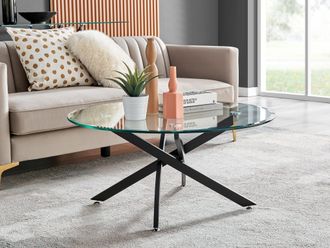 Furniturebox Novara Round Glass Coffee Table with Angled Starburst Metal Legs for Modern Glam Minimalist Living Room in Black