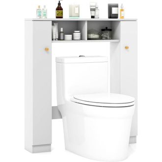 Costway Scaffale Sopra wc, Mobile per Bagno con Doppia Anta, 2 Scomparti Aperti e 4 Ripiani Regolabili, Scaffale Salvaspazio da Terra per Bagno Lavanderia