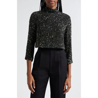 TWP Moonage Dream Sequin Mock Neck Silk Crop Top in Hunter Green at Nordstrom Rack, Size Medium