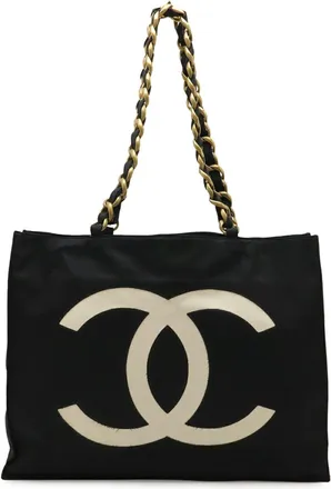 Chanel Black Ivory Yellow Nylon Canvas Shoulder Bag Tote Bag (Pre-Owned)