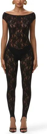 Naked Wardrobe Off the Shoulder Lace Stirrup Jumpsuit in Black at Nordstrom, Size X-Small