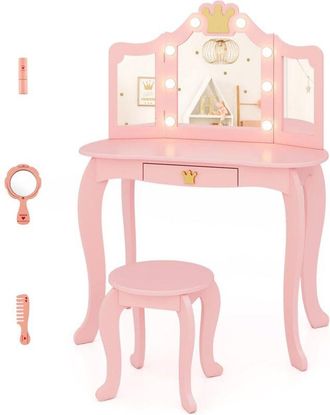 Costway Costway - Set Toeletta Trucco per Bambina con Sgabello, Tavolo Trucco Triplo Specchio Staccabile con Luci led a 3 Colori, Postazione Trucco con