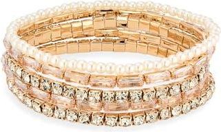 Cara Set of 5 Faux Pearl & Crystal Stretch Bracelets in Gold/Pink Multi at Nordstrom Rack