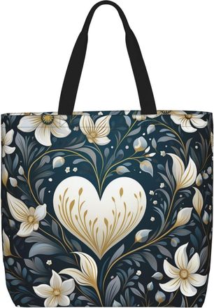 Generic White Heart Shape Tote Bag Large Capacity Shopper Bag Foldable Grocery Bags For Ladies Picnic Yoga