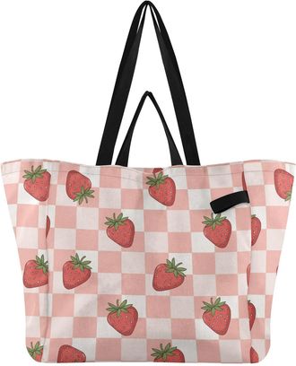 Generic Picnic Strawberry Checkerboard Pink print Reusable Canvas Tote Bag, Heavy Duty Grocery Shopping Bag with Large Capacity Hard Bottom Double Handles Wor