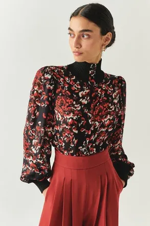 Exquise Johanna High Neck Blouse in Black And Red at Nordstrom, Size Xx-Large