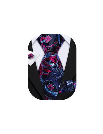 Barry.Wang Pink Blue Floral Tie Mens Silk Necktie Handkerchief Cufflinks Set Wedding Prom Business