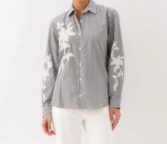 Karen Kane Stripe Embroidered Shirt In Black/off White