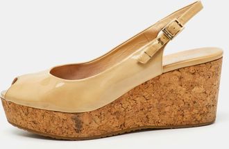 Jimmy Choo London Beige Patent Leather Prova Cork Platform Wedge Pumps