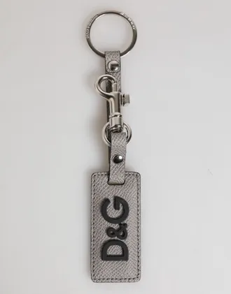 Dolce & Gabbana Gray Leather Logo Metal Ring Keychain Holder Men Keyring Calf