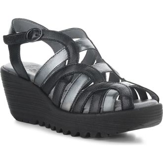 FLY London Lemy Platform Wedge Sandal in Black/Graph at Nordstrom, Size 10-10.5Us